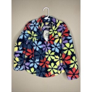 Hurley Girls Sherpa Quarter Zip Pullover Size XS 4/5 Navy W/ Multicolor Flowers